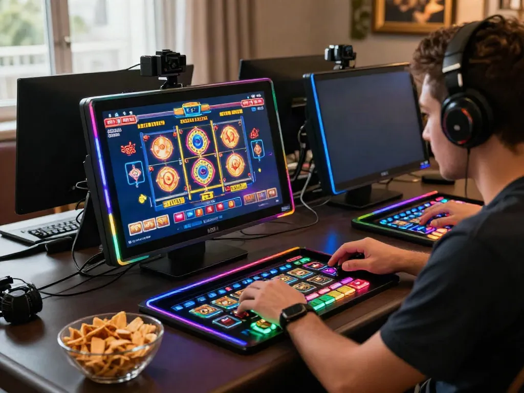 Engaged player at a desk enjoying slot online gaming with multiple devices.