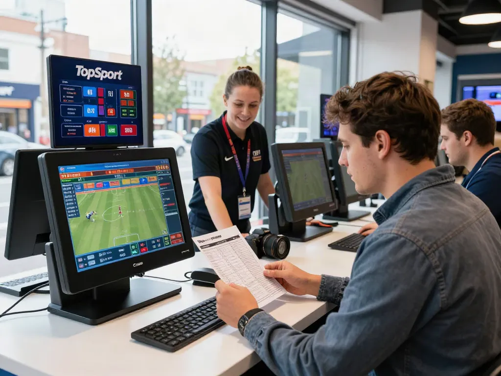 Engaged customer exploring betting options at TopSport, a blend of digital and physical experiences showcasing www.operatoriu-apzvalgos.lt services.