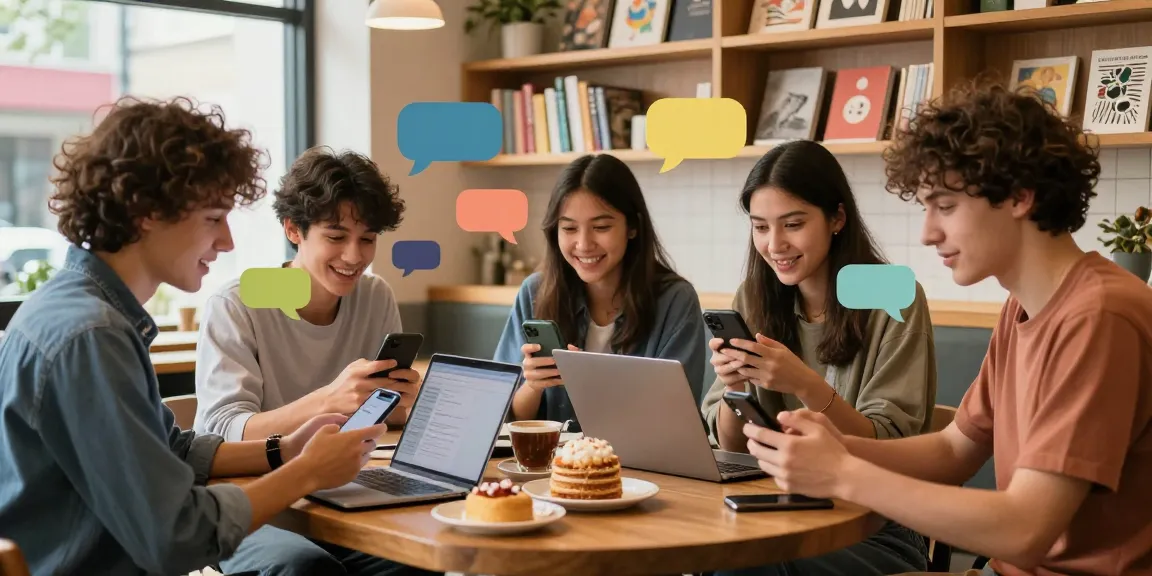 Youthful discussions about شات تعب قلبي in a vibrant coffee shop setting, creating a warm and inviting atmosphere.