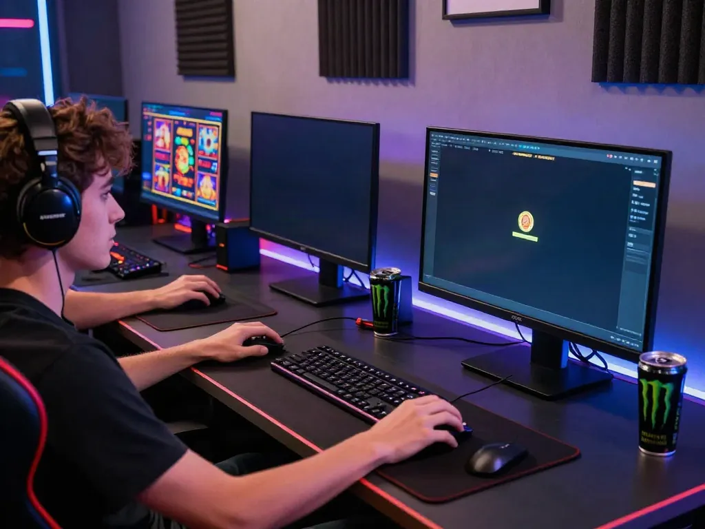 Engaged player experiencing akunjp online gaming with multiple monitors and vibrant slot games.