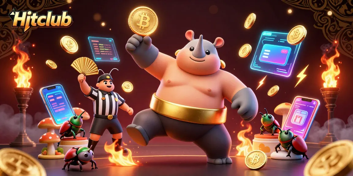 Hitclub showcases a thrilling sumo match with a beetle champion surrounded by glowing coins and crypto elements.