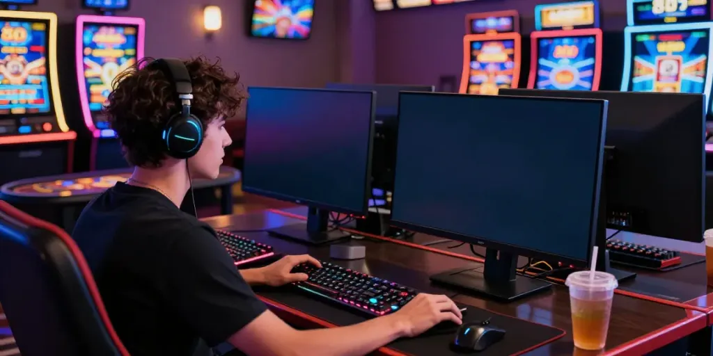 Player enjoying a vibrant gaming experience with a80 casino games on screen, lively LED ambiance.
