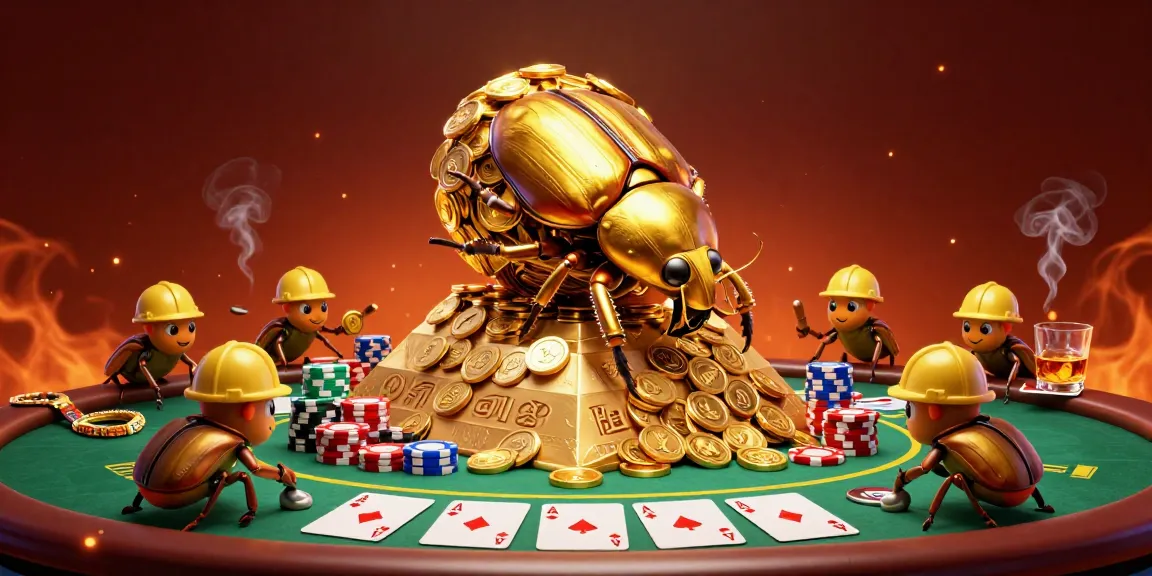 Engage in the thrill of online casino Australia real money with a vibrant illustration of cartoon beetles enjoying poker.