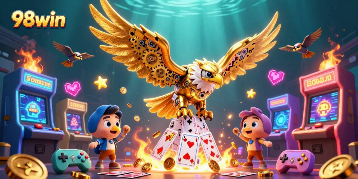 Experience thrilling gameplay with 98win, featuring a cybernetic eagle diving through vibrant casino elements.