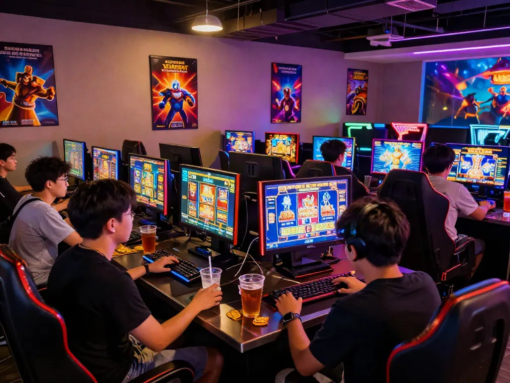 Exciting gaming lounge scene with players test-driving ทดลองสล็อต games in a vibrant atmosphere.