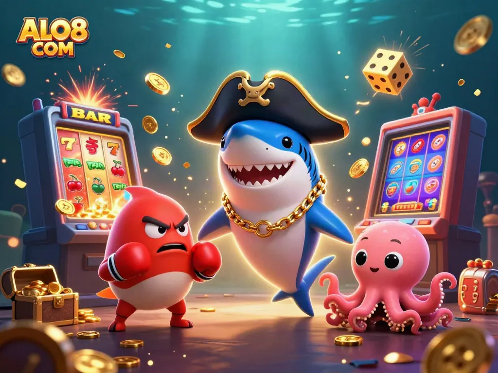 Experience the excitement of ALO8 COM with a colorful 3D illustration featuring casino characters and jackpot elements.