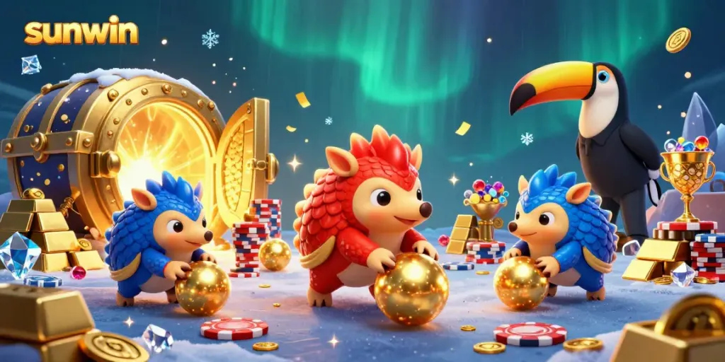 Experience the excitement of gambling with sunwin, featuring dynamic pangolins amidst cascading gold and poker chips.