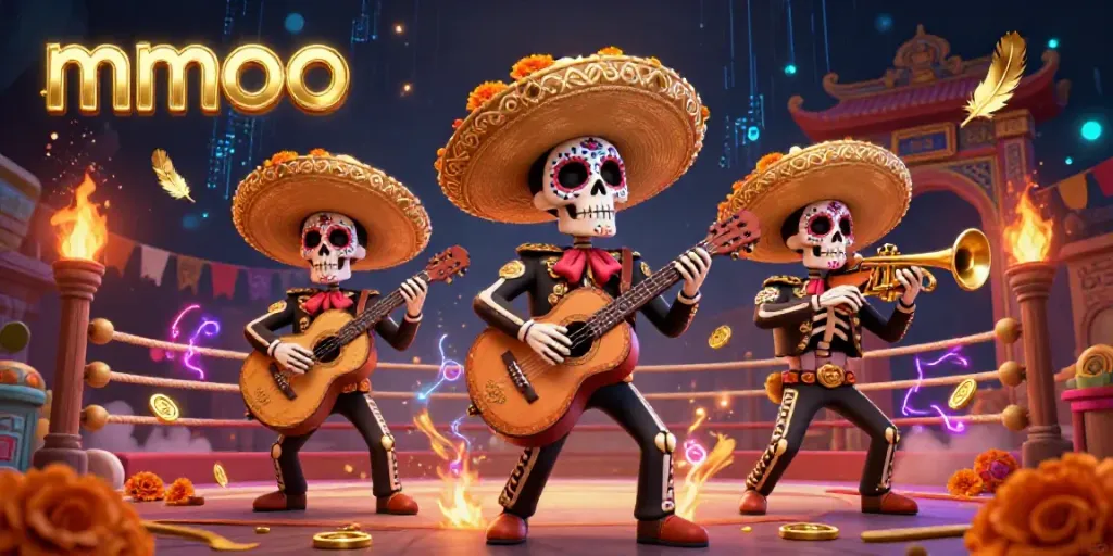 Mmoo casino scene featuring vibrant mariachi skeletons, playing instruments amidst gold coins and betting tokens.