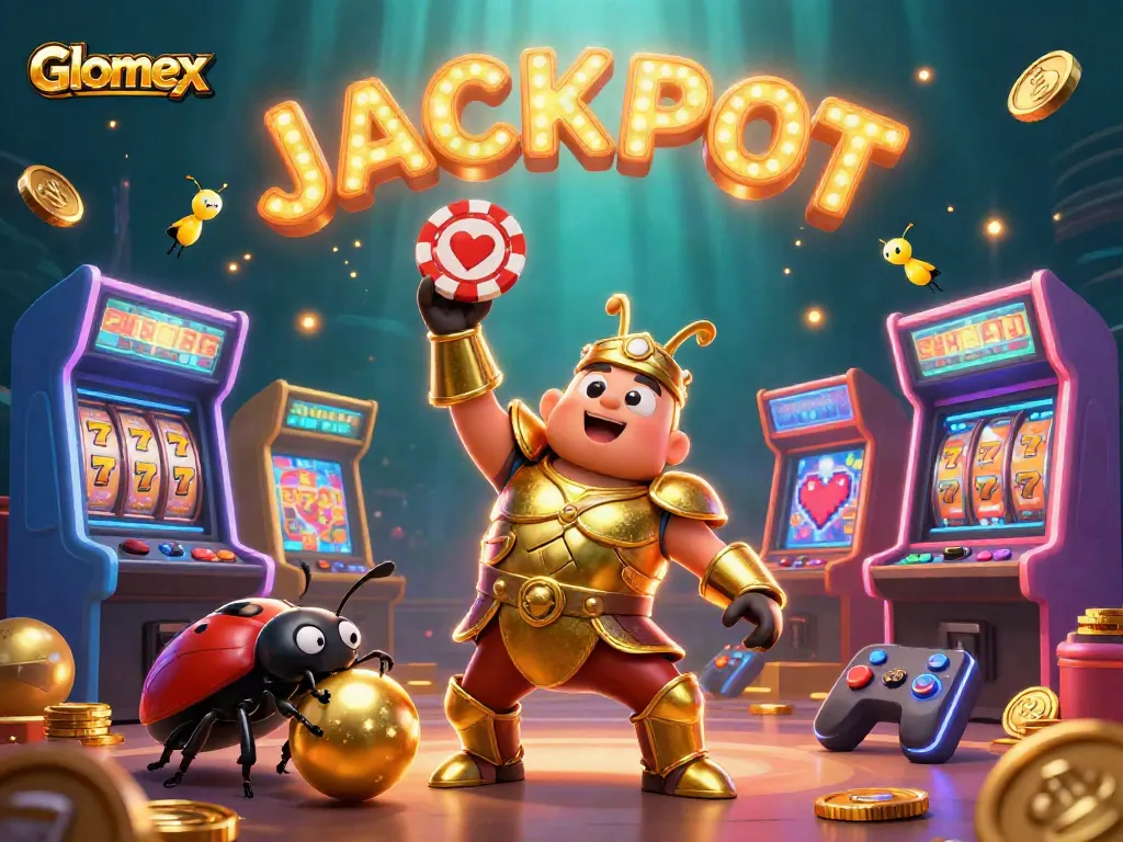 Win big with Glomex in this vibrant 3D casino scene featuring poker chips and a jackpot celebration.