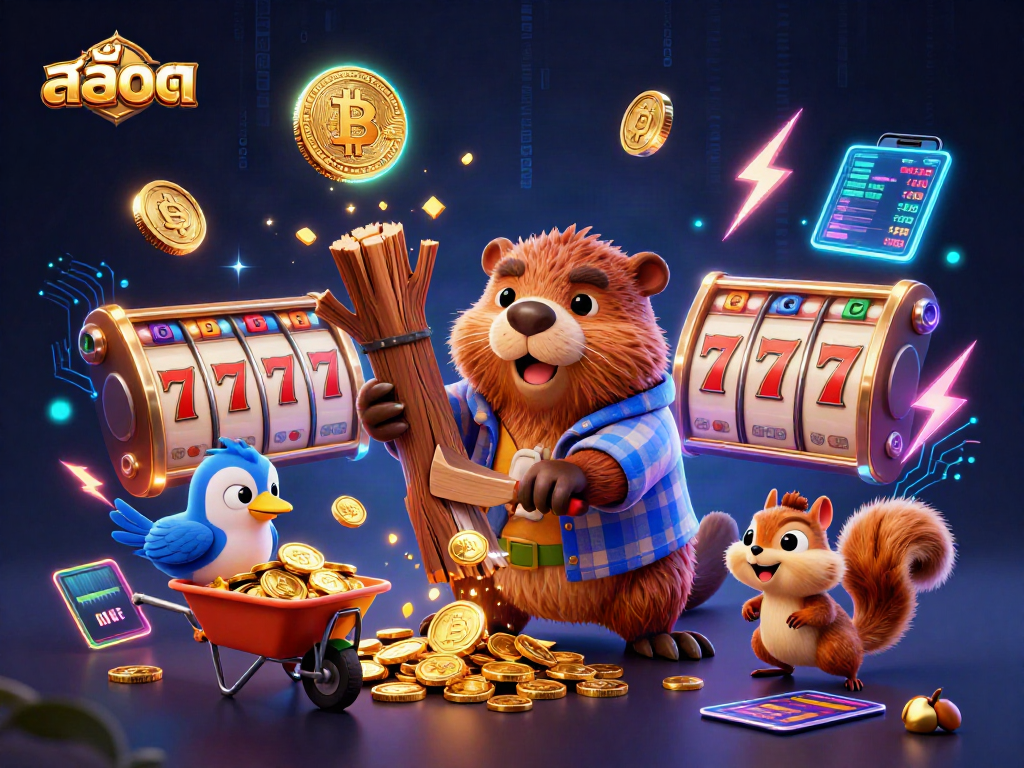 Engage in สล็อต excitement with a cartoon scene of a beaver, bird, and squirrel collecting coins.