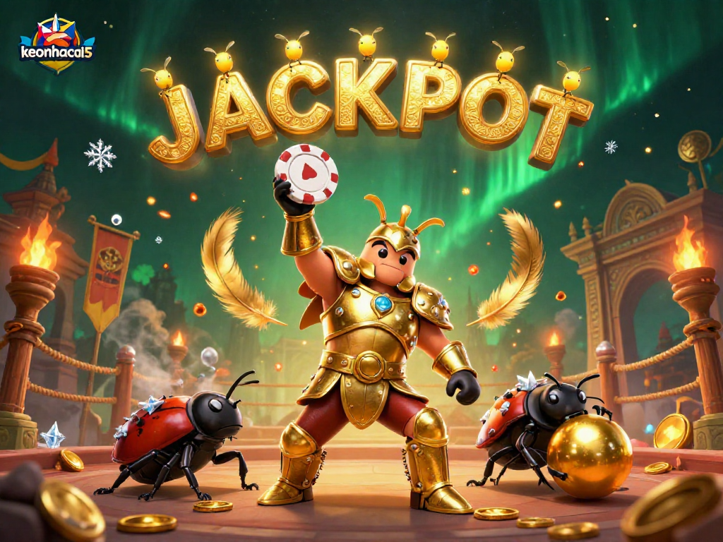 Win big with keonhacai5 in this vibrant 3D scene highlighting a victorious poker beetle!