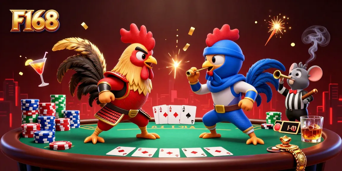 Engage with F168’s vibrant casino atmosphere featuring dynamic battling roosters and poker action.