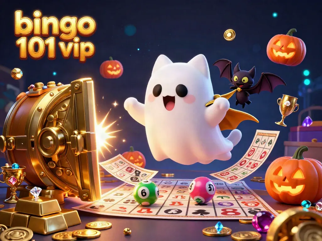 Experience Bingo 101 VIP with a lively ghost cat and glowing bingo elements while winning exciting rewards!