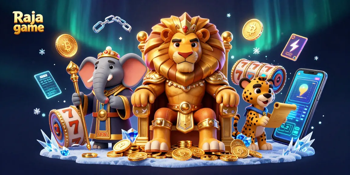 Experience the thrilling Raja game with a lion king, elephant advisor, and cheetah messenger amidst dynamic slots and cryptocurrency elements.