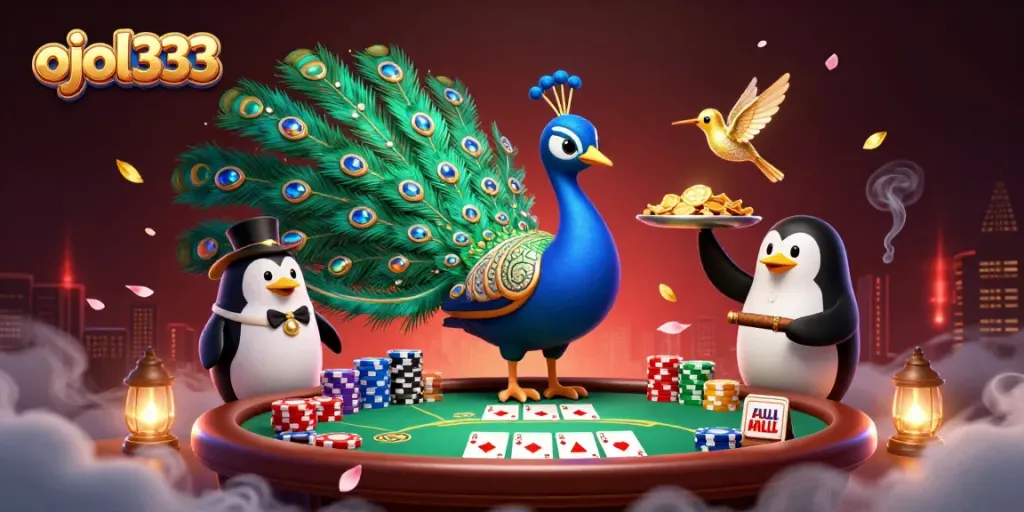 Bet on thriving gaming dynamics with ojol333, featuring a lively poker scene with vibrant characters.