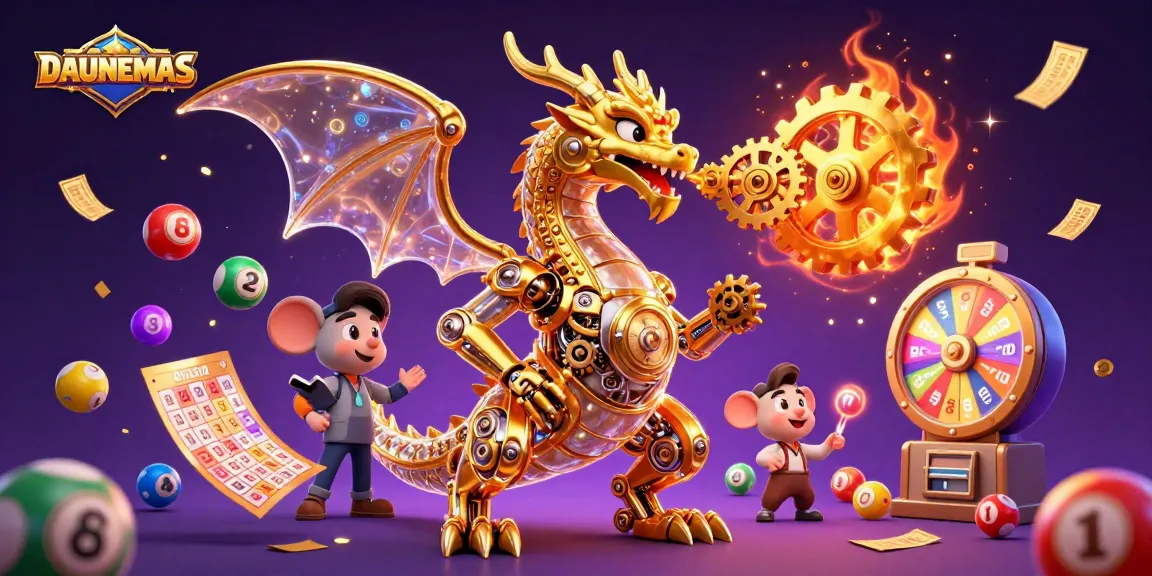 Engage in DAUNEMAS with an exciting 3D scene of a golden dragon and vibrant lottery elements.