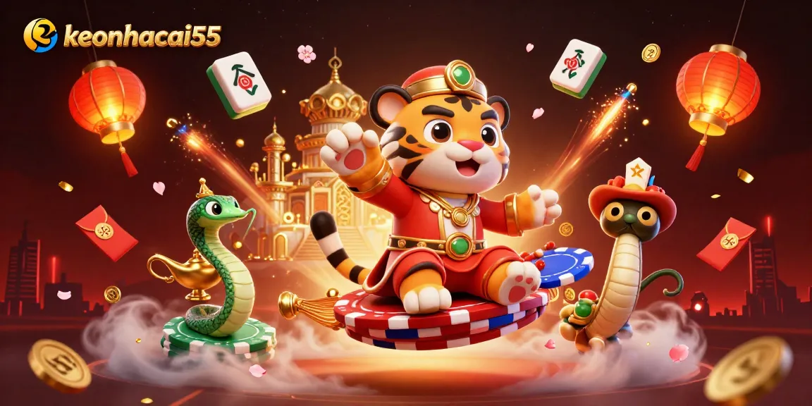 Enhance your gaming experience with keonhacai55 featuring a vibrant 3D scene of a tiger sultan amidst gaming elements.