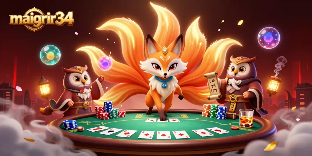 Jouez sur maigrir34 à des jeux de poker passionnants avec des personnages fantastiques dans une illustration vibrante.