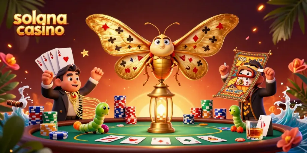 Engage with the vibrant world of solana casino featuring a golden moth and poker elements.