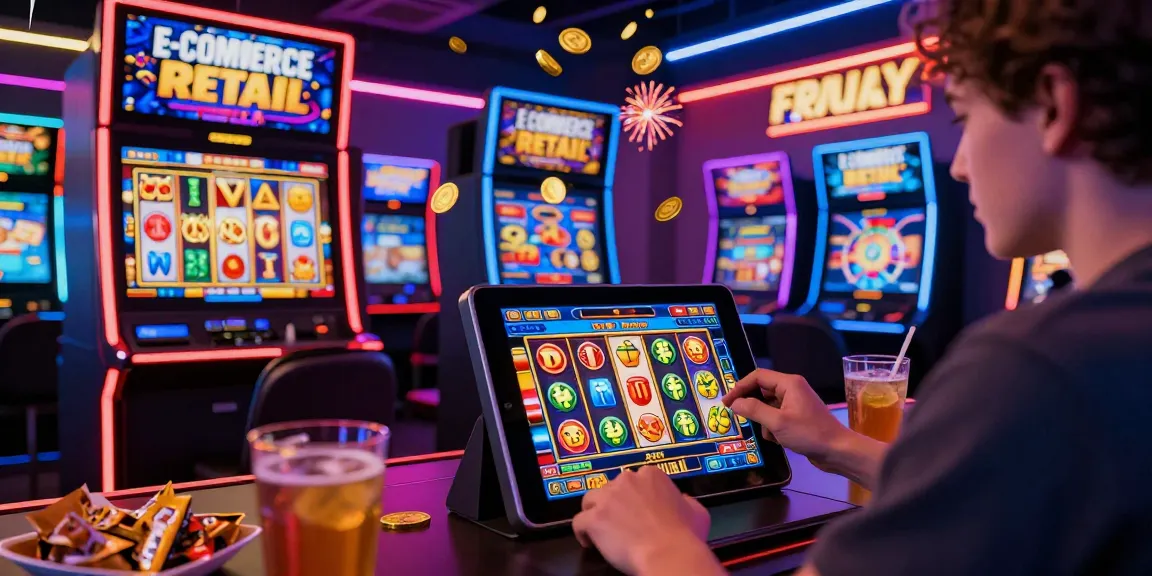 Pengalaman bermain slot gacor dengan tablet dan simbol jackpot di latar yang cerah.