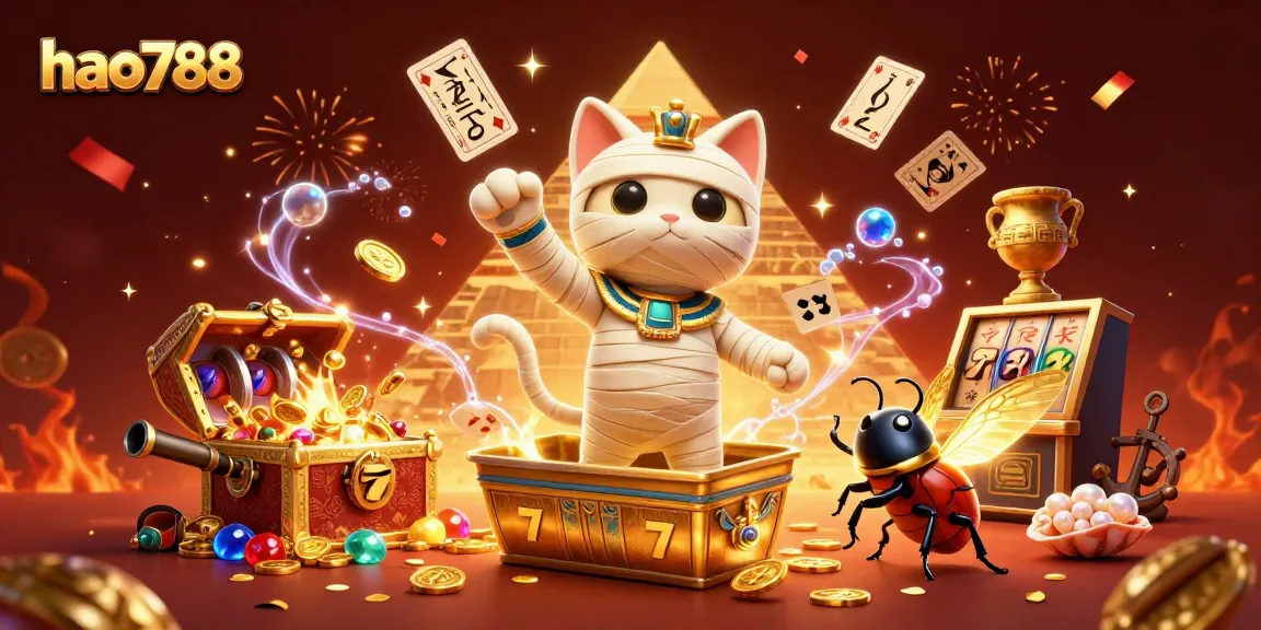Jelajahi permainan slot di HAO788 dengan mumi kartun dan elemen kasino yang penuh warna.