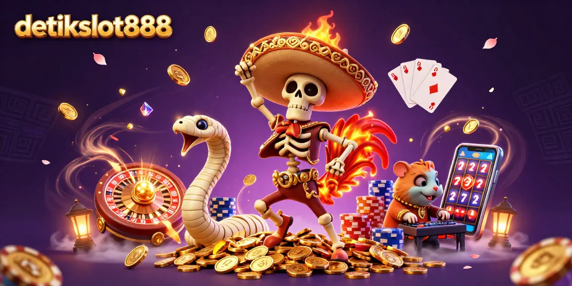Experience the excitement of detikslot888 with a vibrant casino scene featuring lively cartoon characters and dynamic gaming elements.