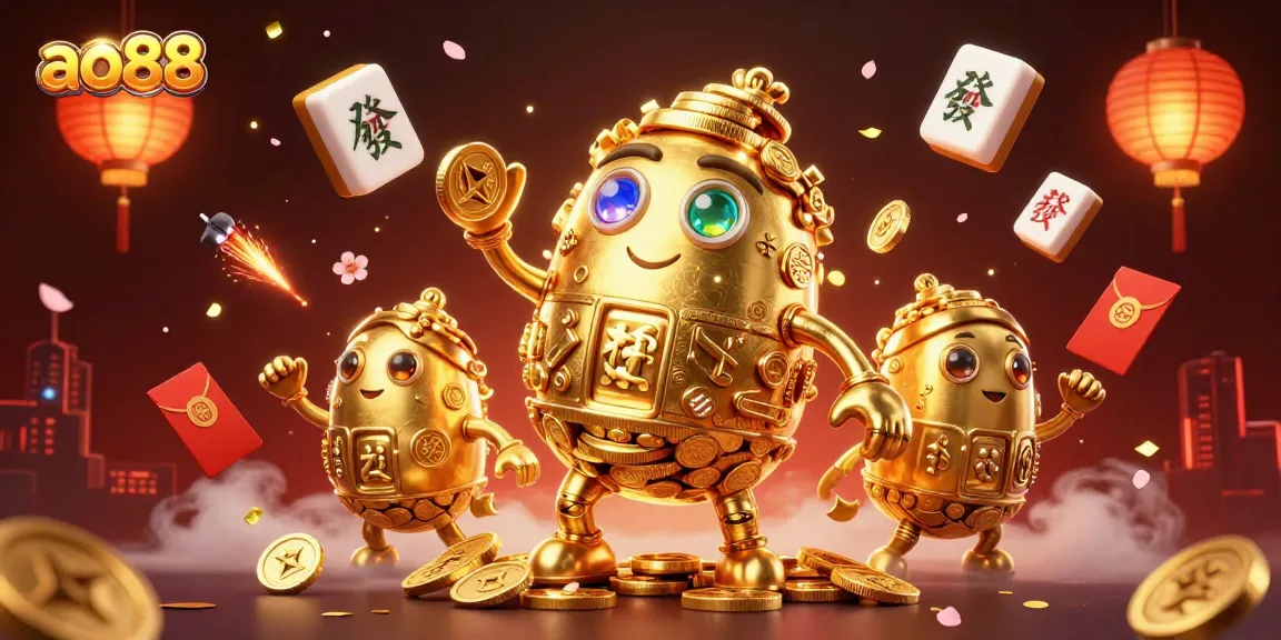 Spin the reels with ao88, featuring a golden golem surrounded by festive casino elements.