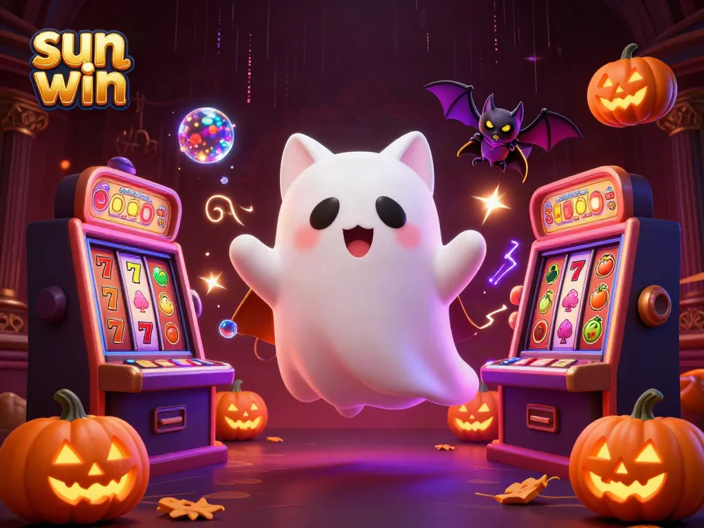Engaging scene at Sun Win casino with ghost cat and vampire bat among exciting jackpots and rewards.