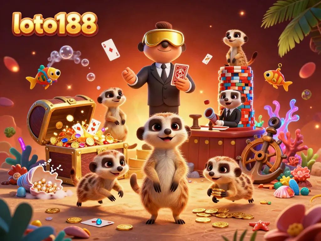 Experience thrilling gameplay at loto188 with meerkats managing a vibrant casino.