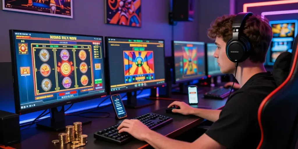 Player engaging with slot online games on a multi-screen setup, vibrant graphics and gaming gear creating an immersive experience.