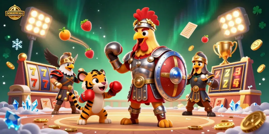 DEWAHOKI303 merayakan kemenangan dengan simbol-simbol jackpot dan elemen kasino dalam ilustrasi 3D.