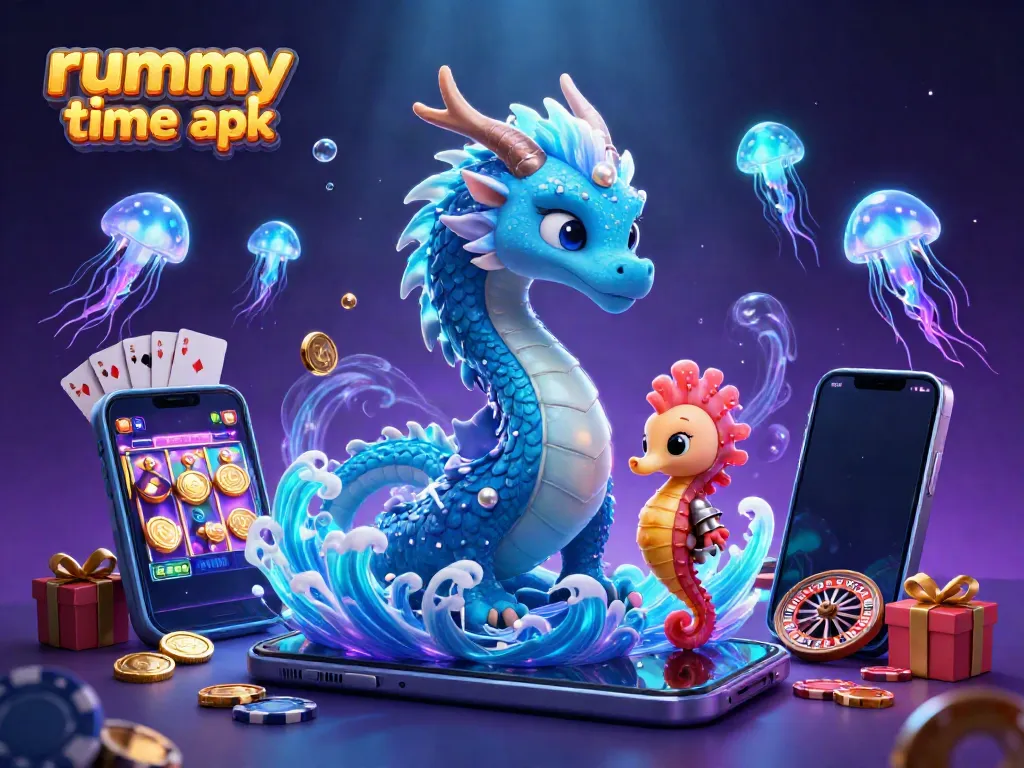 Engage with rummy time apk in an exhilarating 3D scene featuring a water dragon, seahorse knight, and vibrant casino elements.