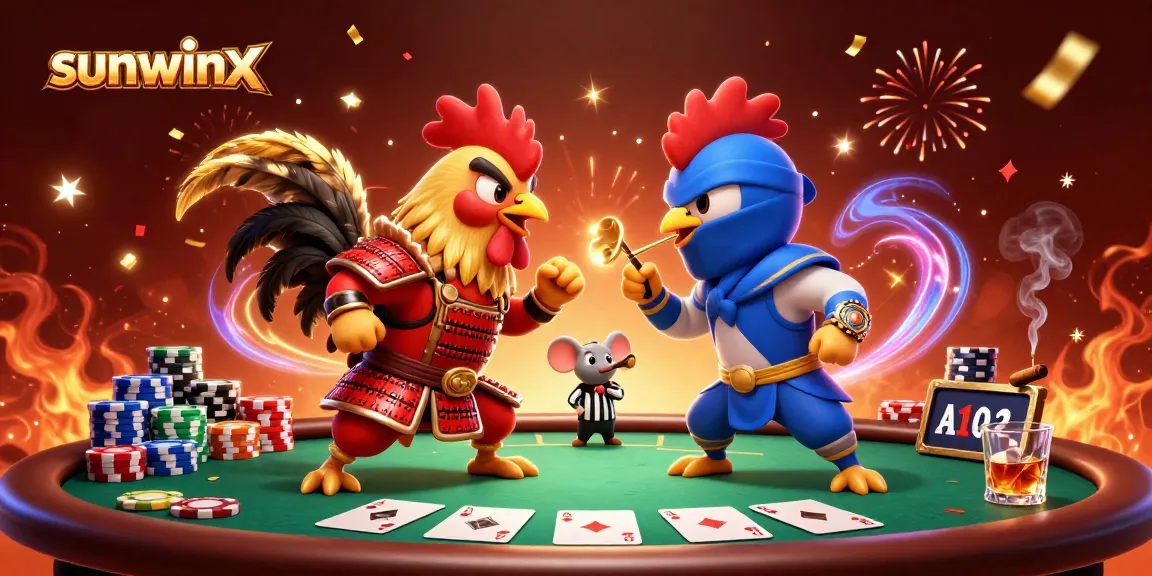 Engage in a thrilling standoff with sunwinx, as roosters clash on a poker table in a vibrant casino scene.