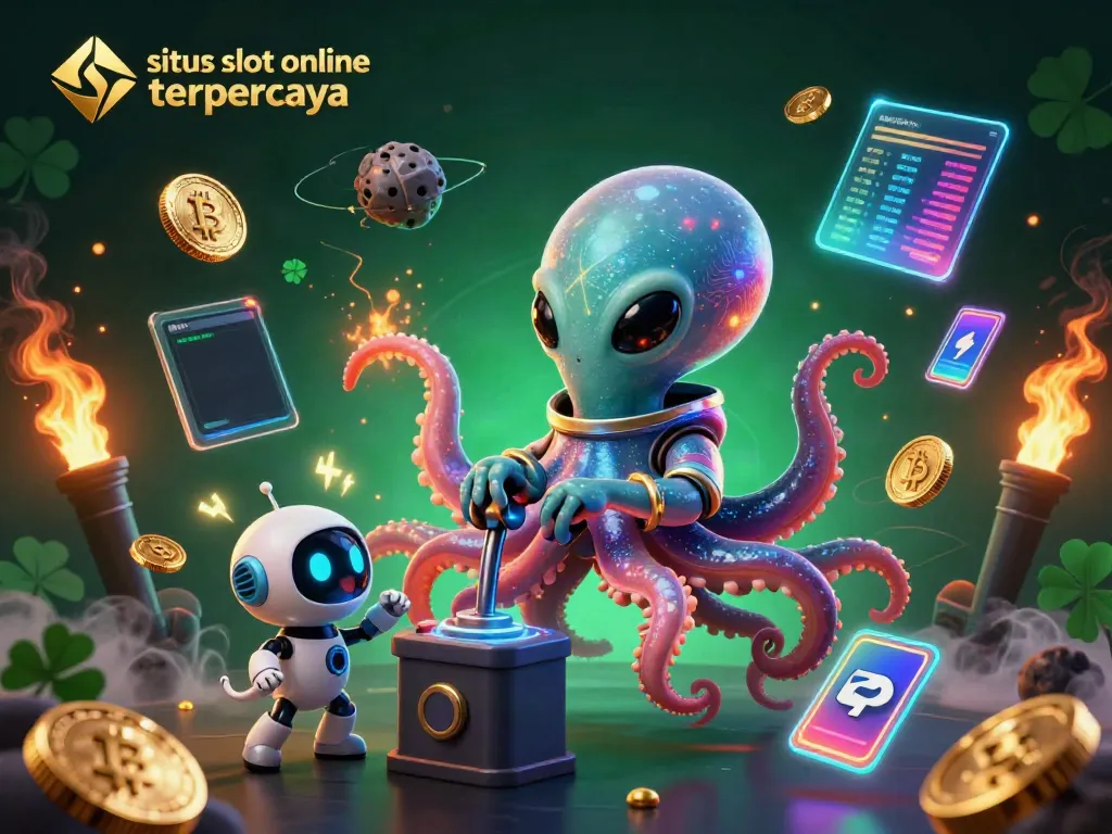 Menangkan jackpot di situs slot online terpercaya dengan alien dan robot dalam ilustrasi 3D yang penuh warna.