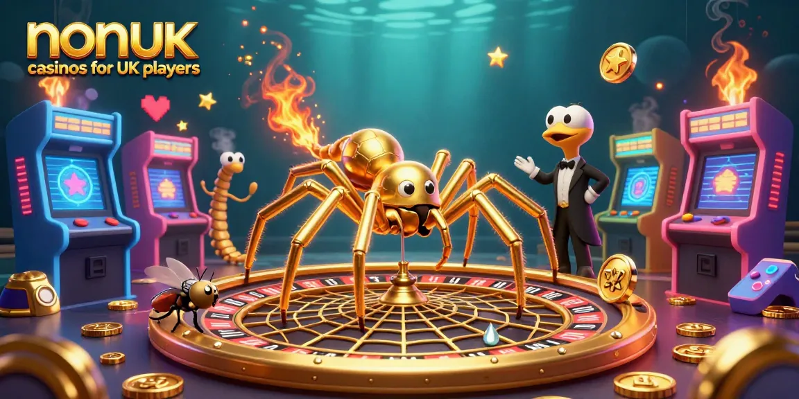 Engaging 3D illustration showcasing non UK casinos for UK players with animated characters and vibrant arcade elements.