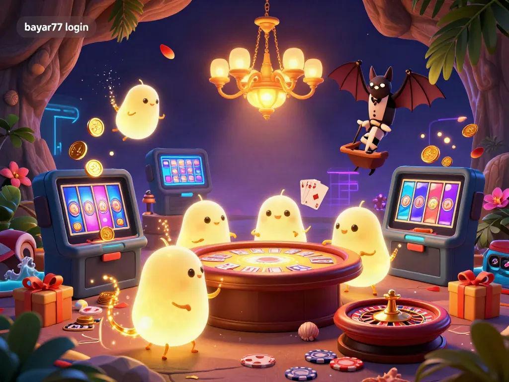 Experience seamless gaming with bayar77 login in a vibrant cave casino illuminated by glowing glowworms.