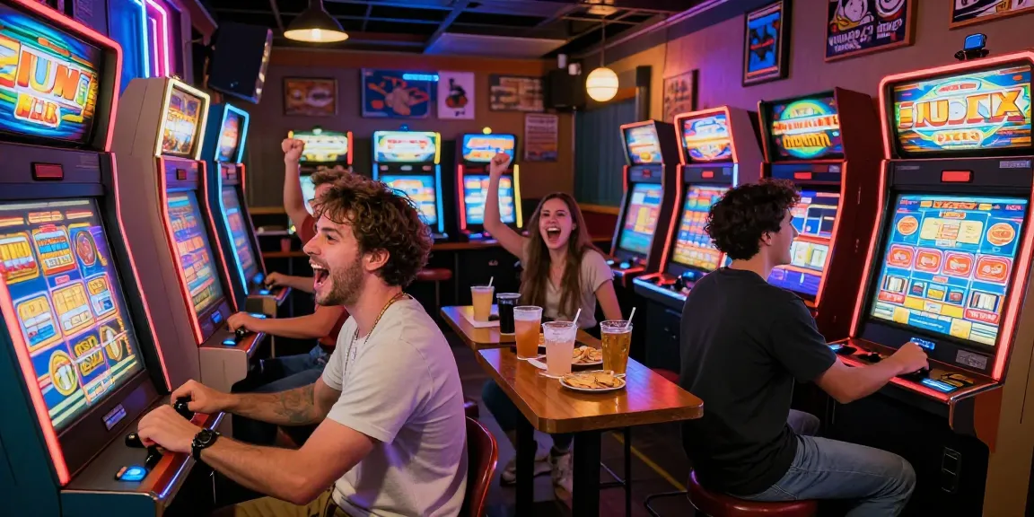 Pengunjung bermain slot di VEGAS123 dengan suasana bar yang ceria dan penuh warna.