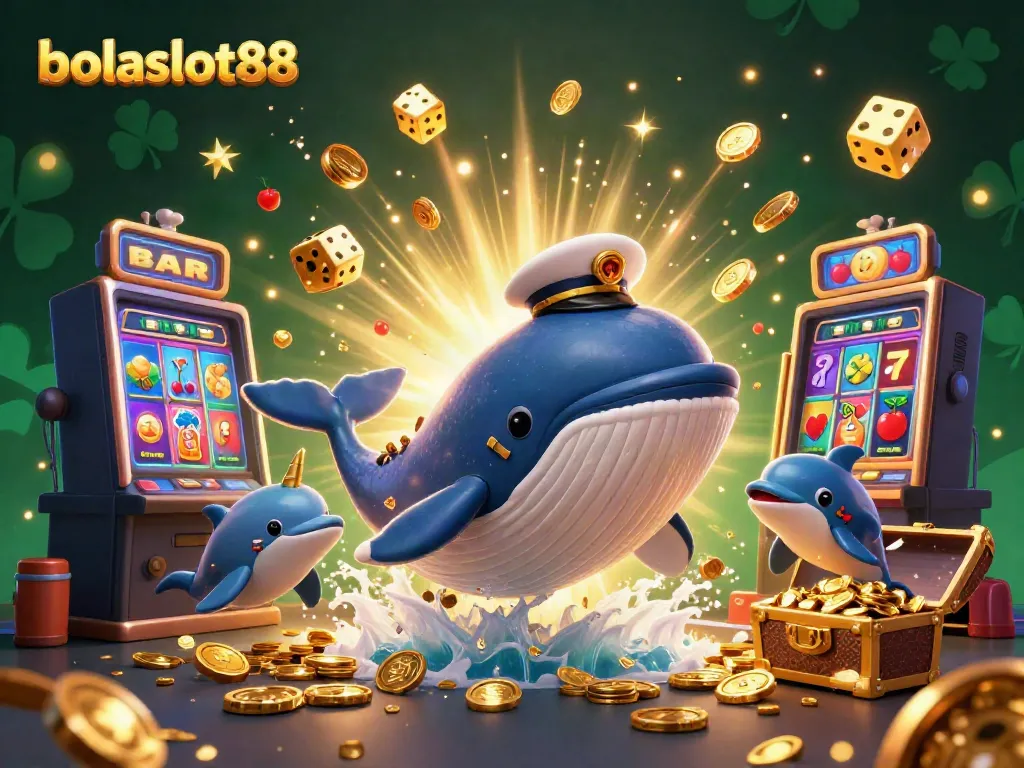 Engage with exciting games on bolaslot88, featuring a dynamic illustration of a whale, narwhal, and playful dolphins among vibrant casino elements.