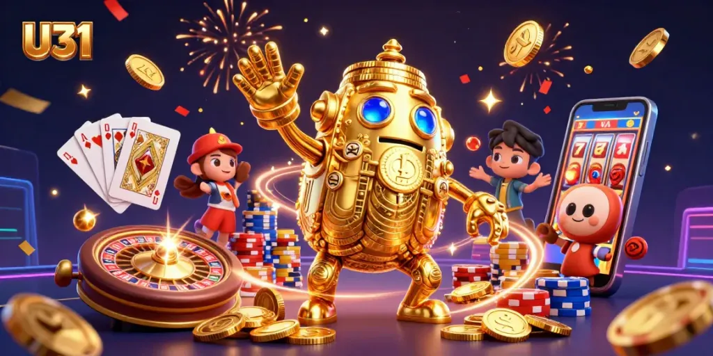 Spin the reels and win big at U31 with dazzling golden golems and casino elements.