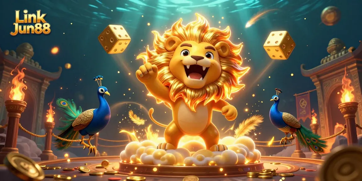 Experience immersive gaming action at Link Jun88, featuring a joyful lion amidst vibrant casino elements.