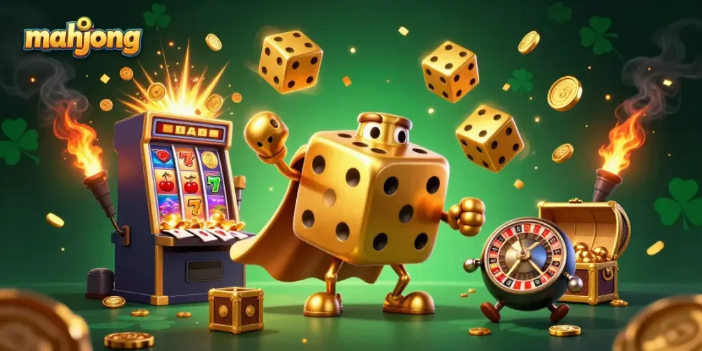 Gambarkan permainan mahjong dengan elemen kasino, gulungan slot, dan simbol keberuntungan