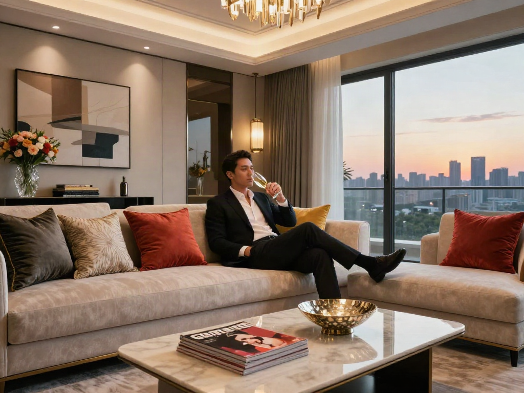 Gaya hidup mewah LUXURY 111 di ruang tamu elegan dengan sofa mewah dan pemandangan kota yang menakjubkan.