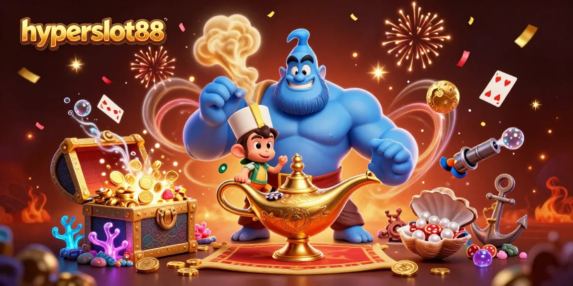 Engage with hyperslot88, featuring a genie, poker chips, and vibrant casino elements.