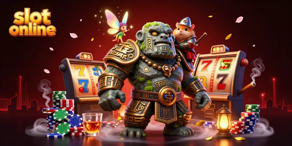 Engage with slot online featuring dynamic scenes of a golem, fairy, and hamster in an exciting casino environment.