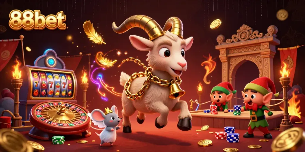 Experience exciting casino action with 88bet featuring a whimsical holiday scene of characters in a playful gambling environment.