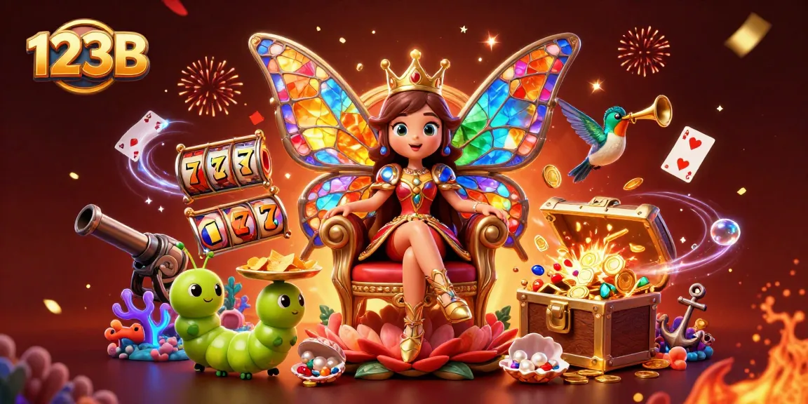 Experience thrilling gameplay at 123B, showcasing colorful slot reels and festive casino elements.