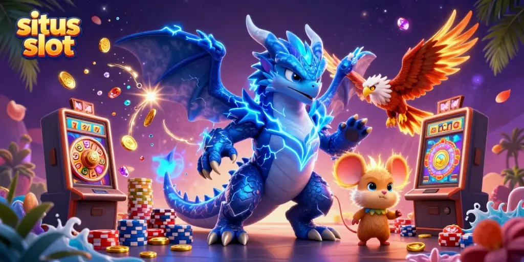 Menyaksikan slot online di situs slot dengan simbol keberuntungan dan koin emas berterbangan.