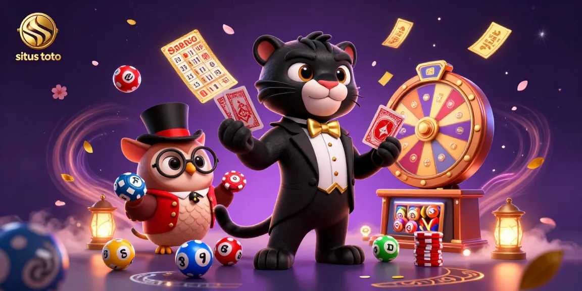 Situs toto offers vibrant casino atmosphere with a stylish panther dealing cards amidst a colorful gambling scene.