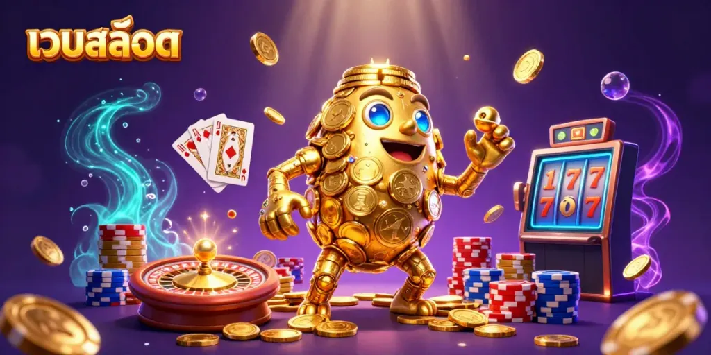Engage with เว็บสล็อต through a vibrant scene featuring a golden golem and classic casino elements.