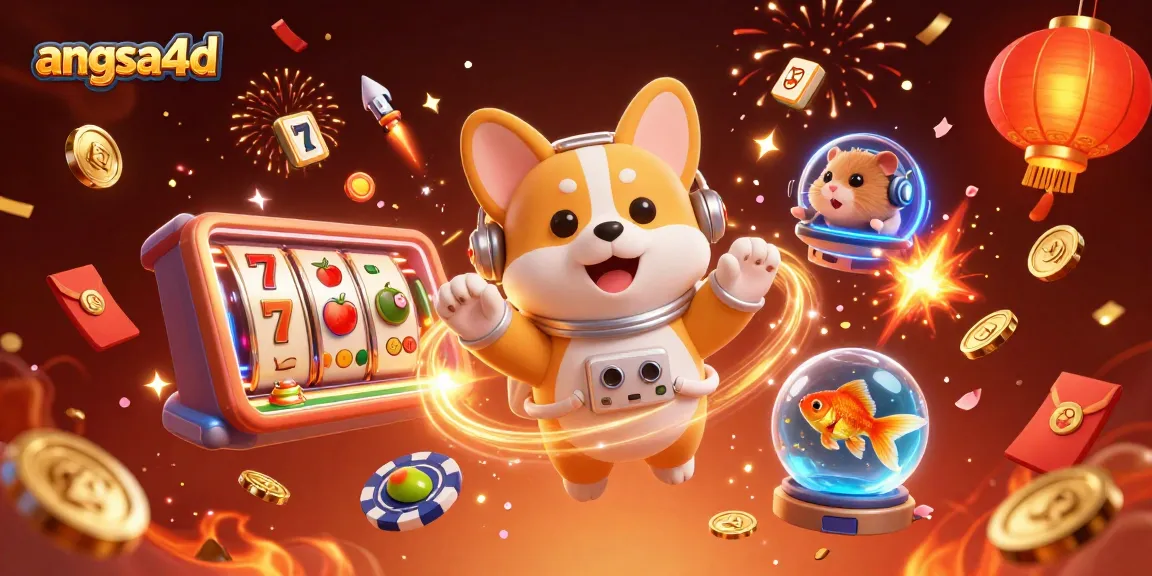 Engage with angsa4d's floating slot reels and festive characters in this vibrant casino scene.